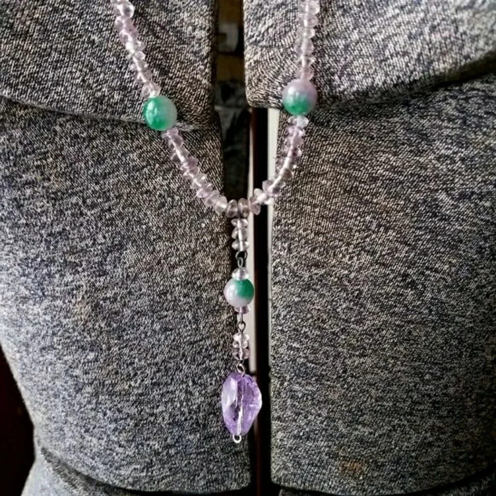 Amethyst necklace long gem strand bead beaded gemstone handmade gem